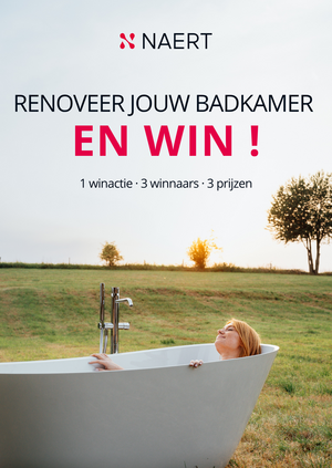Flyer van Naert, renoveer jouw badkamer en win, met een vrouw in een bad in een weide