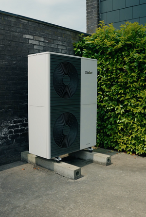 Vaillant buitenunit van een warmtepomp tegen een zwarte gevel naast een haag