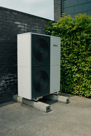 Vaillant buitenunit van een warmtepomp tegen een zwarte gevel naast een haag